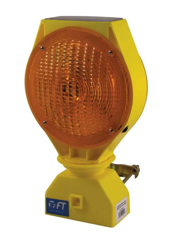 Lampeggiatore solare giallo FT con LED ad alta intensità e pannello solare integrato, disponibile su escavatorishop.com.