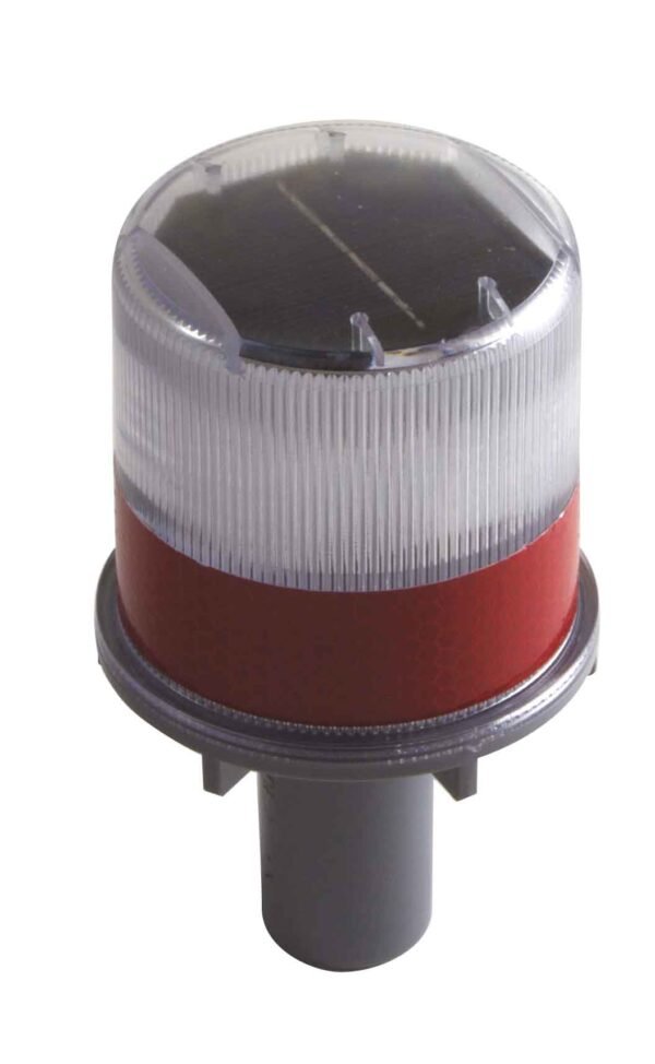 Lampeggiatore solare Venus con LED a risparmio energetico e visibilità a 360°, ideale per cantieri stradali e aree di lavoro temporanee.